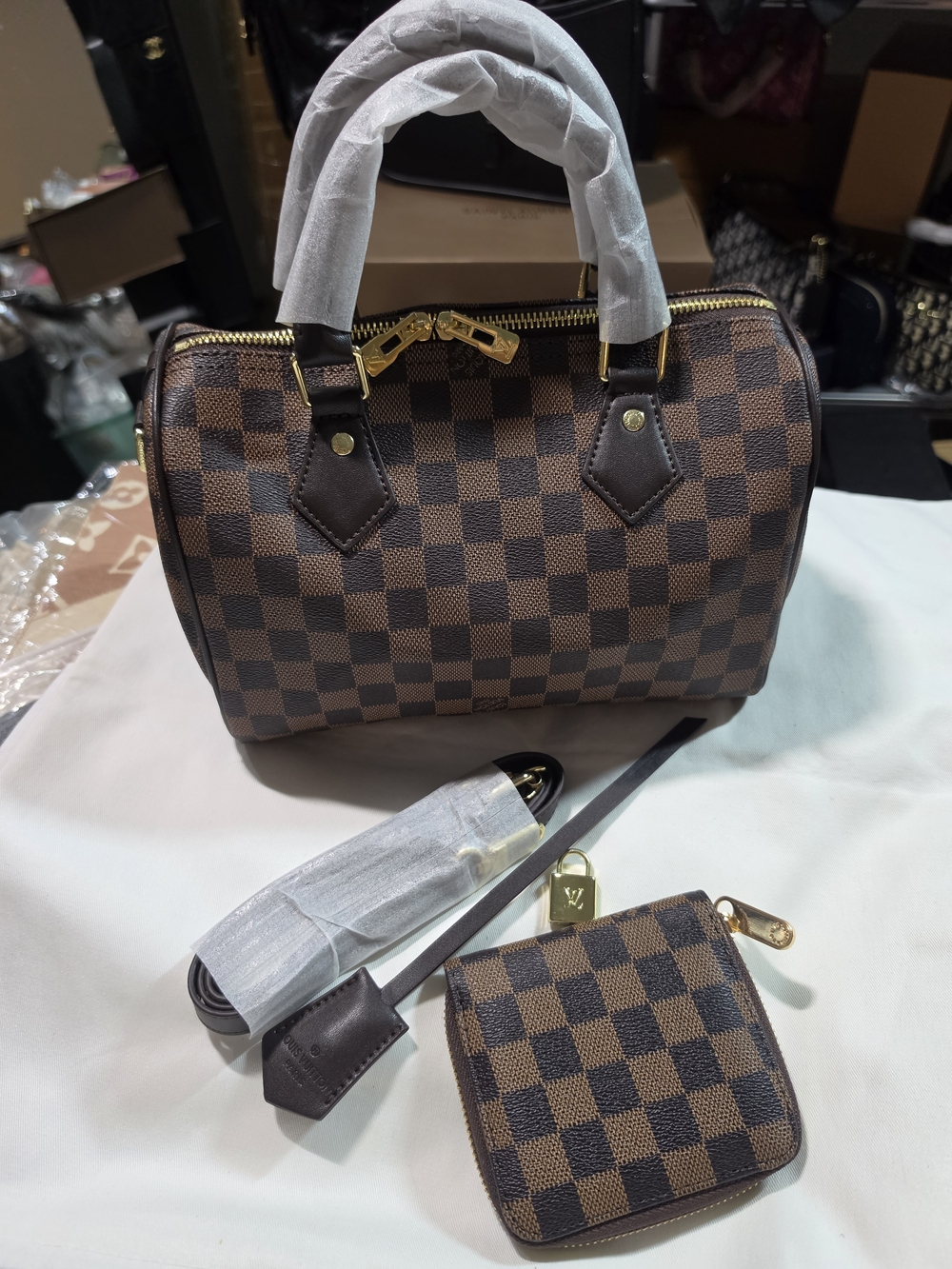 Elegant Brown Checker Satchel with Matching Coin Wallet - Picture 2 of 5
